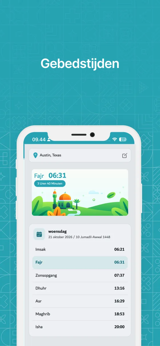 Schermafbeelding: Gebedstijden en herinneringen in Dzikir App
